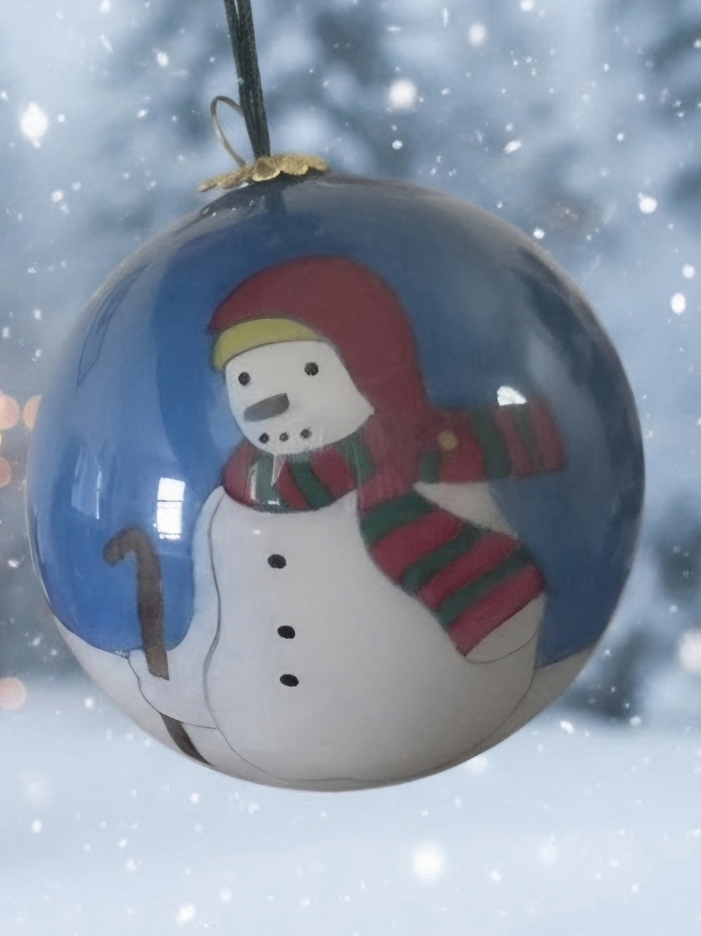 Vintage Christmas Ornament Snowman Hand Painted Art Glass Ball